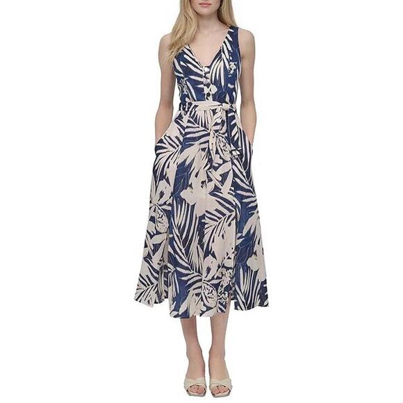 DKNY Donna Karan New York Dress V Neck A Line Navy Floral Sleeveless Sz:8 - Picture 1 of 12